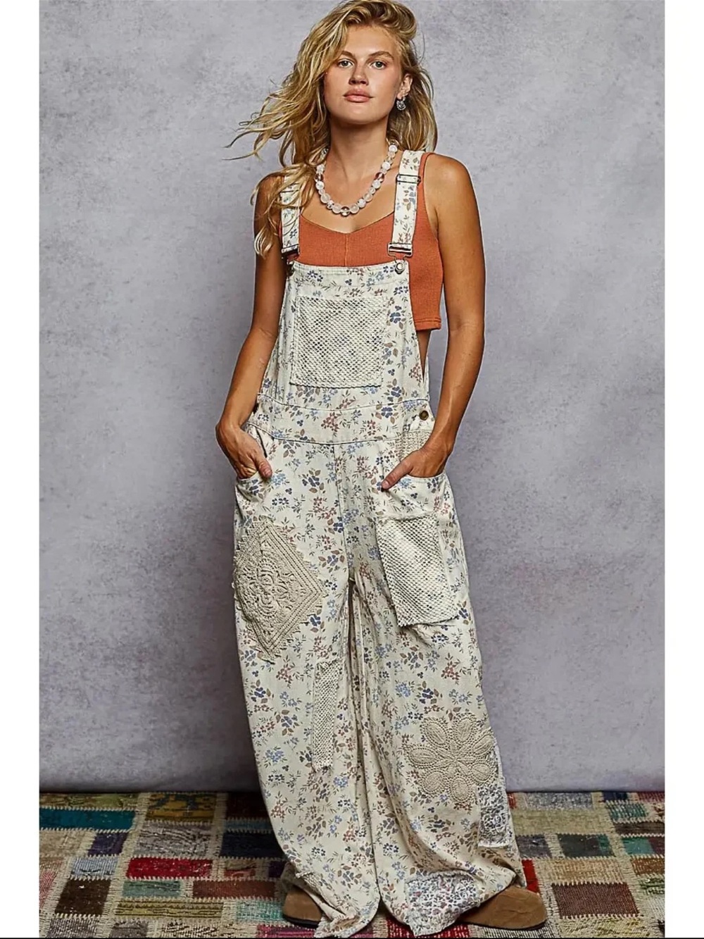 NWT POL Touch of Flowers Crochet Patch Overalls, Cream Floral Patchwork - Picture 2 of 15